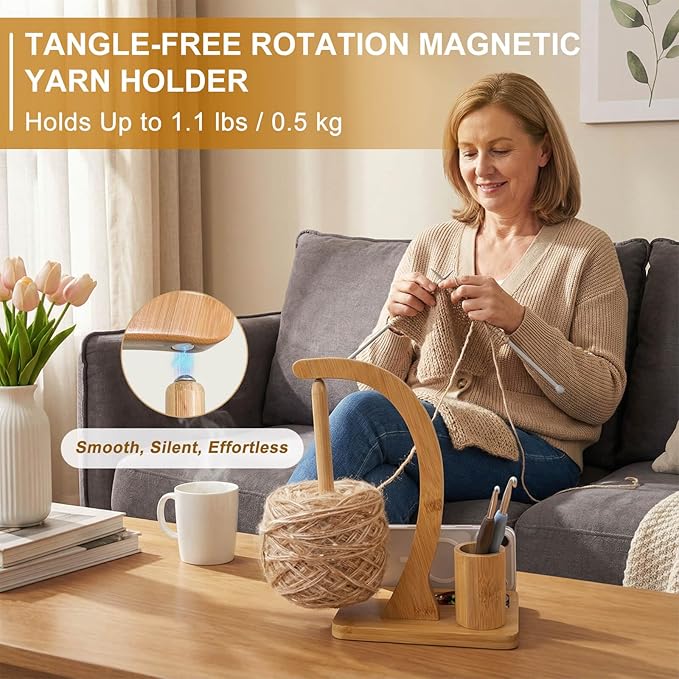 SPEENSUN Yarn Holder for Crochet, Bamboo Yarn Spinner with Magnetic Rotating Anti-Tangle Design, 1.1lbs Capacity, 3-in-1 Storage for Hooks/Markers, Phone Stand, Best Crochet Accessories Gifts