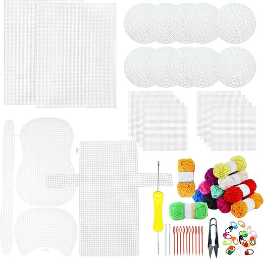 Allazone 59 PCS Mesh Plastic Canvas Sheets Kit Including 24 PCS Clear Plastic Canvas, 12 Color Acrylic Yarn for DIY Crafts Embroidery Cross Stitch, Acrylic Yarn Crafting, Knit and Crochet Projects