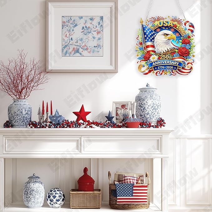Eiflow Acrylic Diamond Art Hanging Kit for Adults USA Anniversary, DIY Diamonds Painting Door Hanger Board Kit 4th of July, Crystal Patriotic Diamond Art Painting Pendant Ornament (250th Eagle)