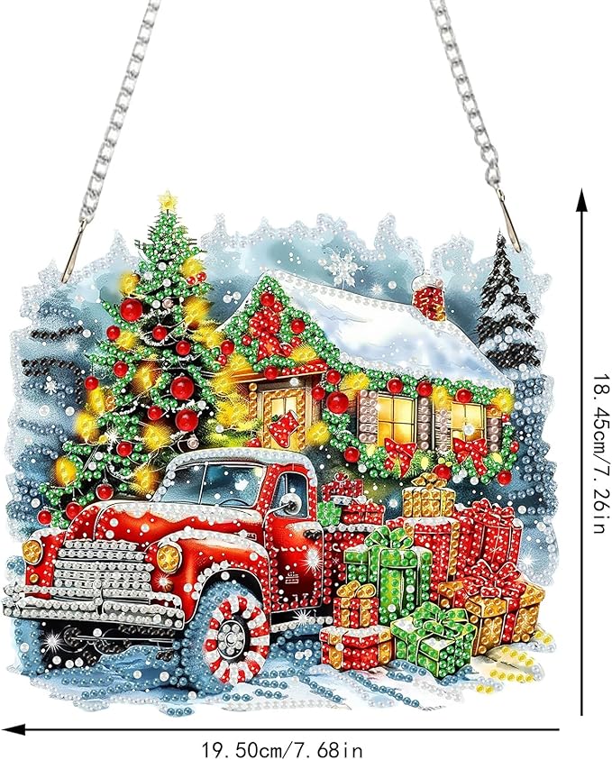 SENQAO Christmas Diamond Art Hanging Kits for Adults Kids, Truck Christmas Gifts Diamond Art Suncatchers, 5D Special Shape Diamond Painting Pendant Window Ornament Gifts for Home Door Wall Decor