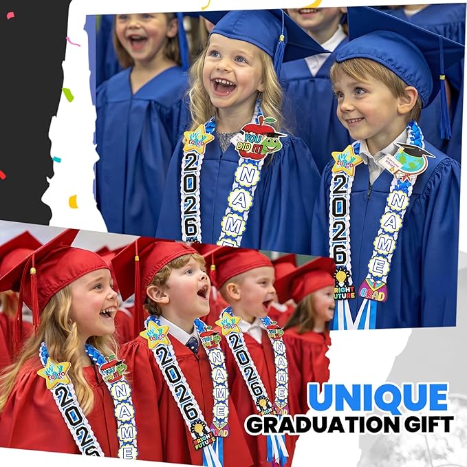 Juexica Kindergarten Graduation Ribbon Leis Class of 2026 Braided Necklace Making Kit with Alphabetic Decorative Cards Preschool Kids Grad Graduation Party Gifts(Blue, White)
