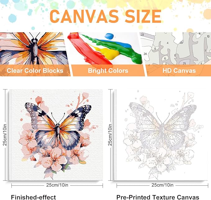 Framed Paint by Numbers Kit for Adults Beginners & Kids Ages 8-12, Butterfly Flowers Acrylic Easy Paint by Number with Frame, Paint by Number Kits on Canvas Framed (10 * 10 Inch, without Easel)
