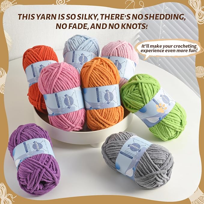 Premier Puzzle 12 Pack Fluff Chenille Chunky Yarn for Crocheting - Baby Crochet Set with Velvet Yarn in Black, White, Purple, Pink, Blue, Coffee, Red, Orange