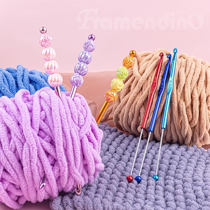 Framendino, 6 Pack Beadable Crochet Hooks 6 mm Aluminum Knitting Needles Set for Crocheting Yarn 6 Colors