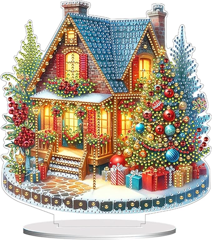 LAKEQUILL DIY Tabletop Diamond Art Painting Kit,Special Shaped Rhinestone Desk Placement Ornament,Kits for Home Office Decor New Year Gift (Christmas House)