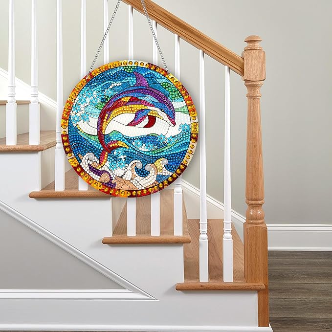 Pavemlo Hanging Diamond Art Kits for Adults Dolphin – 8x8 Inch Double-Sided Acrylic Board DIY Crystal Diamond Suncatcher Pendant, Sparkling Home Wall or Window Decoration Handmade Gift