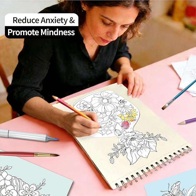 DESECRAFT Flower Coloring Book for Adults Relaxation - Spiral Bound Adult Coloring Book, Anxiety Relief & Stress Relief Gifts for Women 8.5" x 11" Tear Out Pages