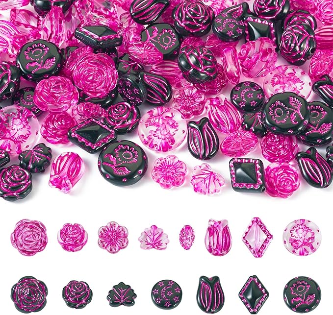 FASHEWELRY 90Pcs Hot Pink Black Acrylic Beads Rose Flower Beads Assorted Cute Flower Loose Beads Bulk Kawaii Vintage Bead for Bracelets Necklace Key Chains Jewelry Making