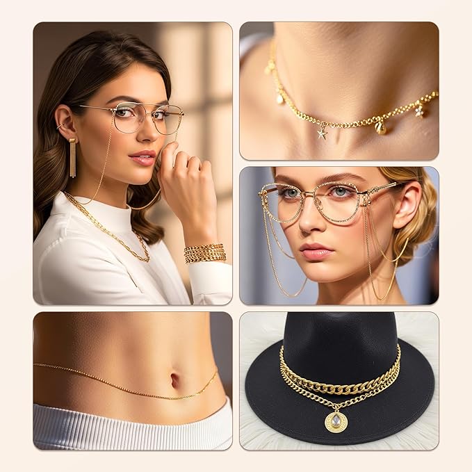 PP OPOUNT Gold Necklace Chains for Jewelry Making, 94.8 Feet 12 Rolls Chain for Jewelry Making DIY Necklace Bracelet Belt Earrings with Open Jump Rings & Lobster Clasps