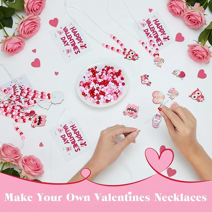 Bafeil 24-Set Valentine's Day Beads Necklaces Bulk Crafts Kit - Red Pink Pony Beads with Cute Wooden Charms, DIY Beaded Necklaces Heart for Party Favors Classroom Goodie Bags Stuffers Gifts