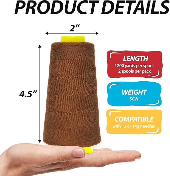 Mandala Crafts Russet Brown Thread Cones for Machine and Hand Quilting - 2400 Yds 50 WT Multiple Purpose Mercerized 100% Cotton Threads for Sewing Machine Serger Embroidery