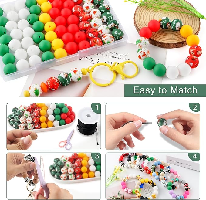 70Pcs Print Silicone Beads for Keychain Making,Round 15mm Silicone Beads for Pens, Necklace and Bracelets Making（Christmas Print）