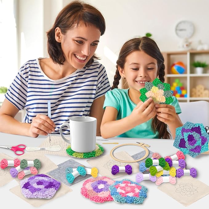 WATINC 22PCS Craft Punch Needle Coaster Kit with Flower Pattern DIY Embroidery Kit for Beginner Easy Embroidery Art and Crafts Needle Coaster with Instruction for Adults