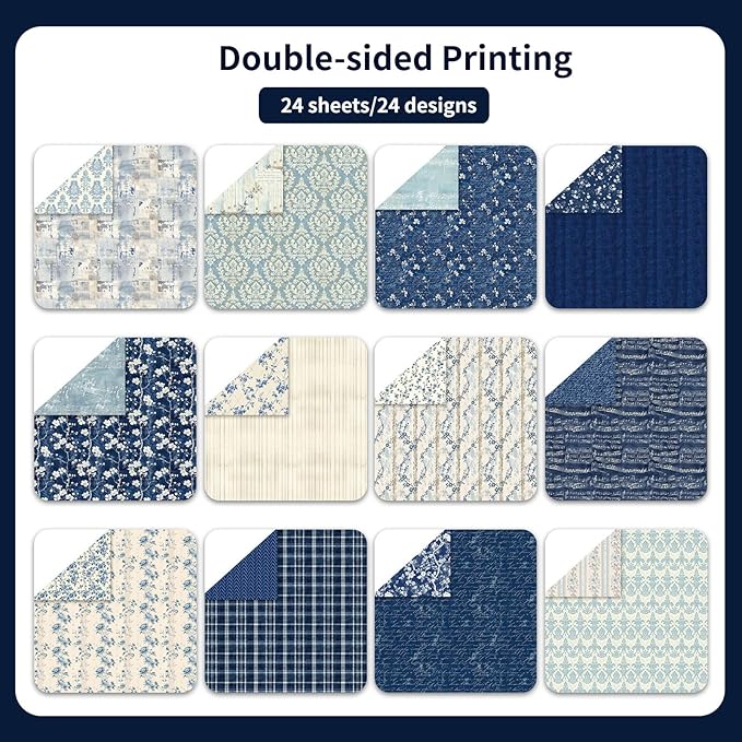 12x12 Scrapbook Paper, 24 Sheets/24 Designs Vintage Blue Scrapbook Paper Set, Double Sided Garden Pattern Floral Decorative Craft Paper For DIY Card Making Photo Album Journal Decor