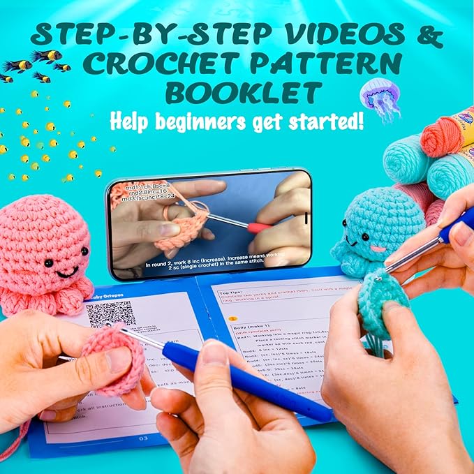 Crochetta Crochet Kit for Beginners, Amigurumi Crocheting Animals Kits w Step-by-Step Video Tutorials, Knitting Starter Pack for Adults and Kids, Jumbo 2 Octopus Familly (40%+ Yarn Content)