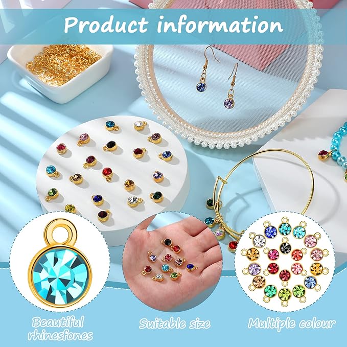 80 Pieces Crystal Birthstone Charms with 200 Jump Ring Handmade DIY Beads Pendant Mixed Color Birthstones for Jewelry Making Round Charms for Bracelets Necklaces Jewelry Findings (Bright Color)