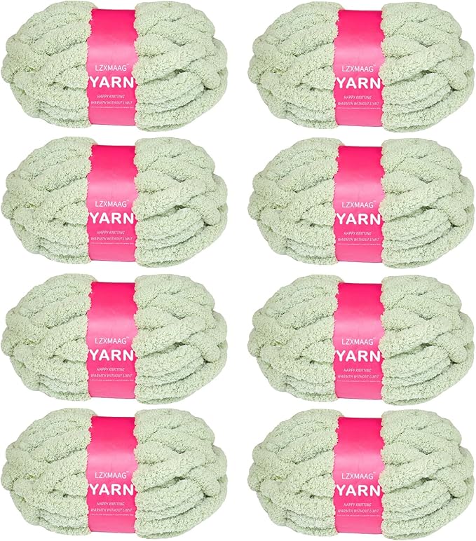 Chunky Chenille Yarn for Hand Knitting and Blankets, Super Soft Jumbo Yarn Pack for Crocheting, Bulky DIY Projects, 8 Skeins (Sage Green)