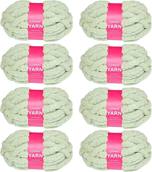 Chunky Chenille Yarn for Hand Knitting and Blankets, Super Soft Jumbo Yarn Pack for Crocheting, Bulky DIY Projects, 8 Skeins (Sage Green)