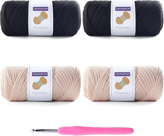 4 Pack Tshirt Yarn for Crocheting, Elastic T Shirt Spaghetti Thick Knitting Yarn Total Length 260 Yds for Crochet Bag Baskets Home Decor with 1 Crochet Hook (4-Black+Beige)