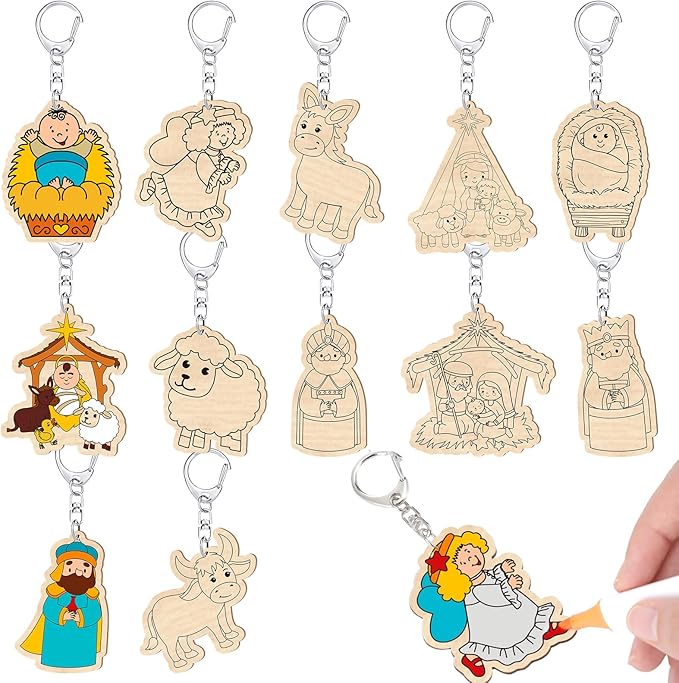 Trnayi 36 Pcs Christmas Nativity Crafts Unfinished Wooden Christian Keychains Color Your Own Religious Jesus Holy Ornaments DIY Blank Crafts to Paint for Arts Project Home Decor