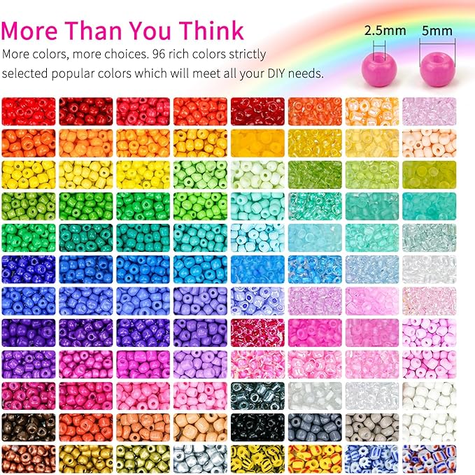 5mm Glass Beads Bracelet Making kit, 96 Colors 12800pcs Glass Seed Beads Friendship Beads for Bracelets Crystal Waist Bead with String Cords Letter Bead Charms for DIY Jewelry Making Crafts