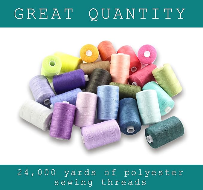BlesSew Sewing Thread - 24 Spools of All Purpose Polyester Threads for Sewing Machine, Beginners, Hand Stitching & Quilting - 1000 yds Per Spool