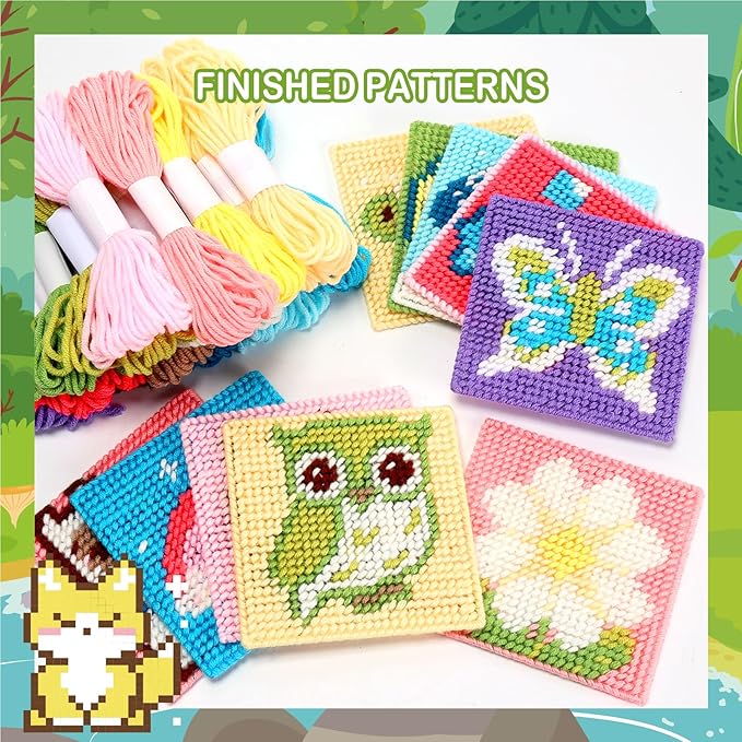 Pllieay 10-in-1 Cross Stitch Beginner Kit for Kids, Kids Embroidery Kit for Beginners Includes 10pcs Plastic Mesh Canvas with Different Pattern, 17 Colored Threads, Instructions for Christmas
