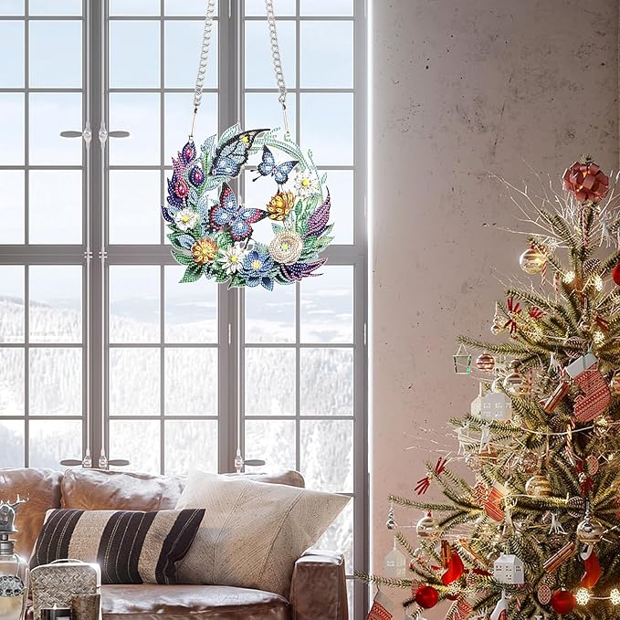 Flower Birdcage Design DIY Diamond Art Painting Wreath Kits Special Shaped Rhinestone Diamond Art Window Pendants Home Garden Wall Hanging Kits (Single Side Point Drill) (#11-Cat) (#12-Butterfly)