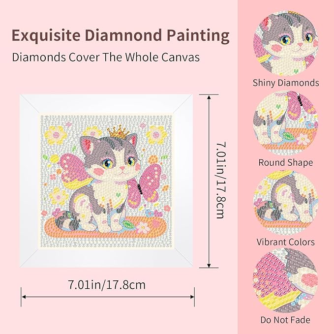 FlyingMage 5D Diamond Art Painting Kits with Wooden Frame, Cute DIY Diamond Art Mosaic Kits for Adults Women Teen, Kawaii Diamond Crafts Arts Full Drill Diamond Dots (Silver Butterfly Cat)