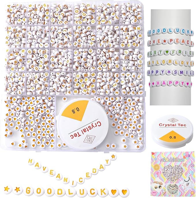 nikkiGuo 1250pcs 4x7mm White Round Acrylic Alphabet Beads A-Z Heart Beads with Numbers Crystal Line for Jewelry Bracelet, Necklace and Key Chains (Yellow White Colorful)