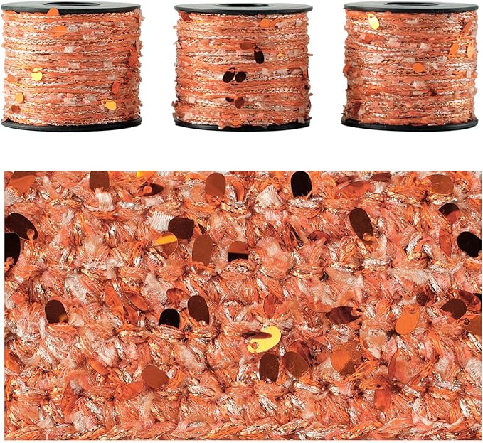 Artisanal Yarn Collection Multifiber Fancy Yarn for Knitting Crocheting Crafts DIY, Set of 3 Rolls (Orange Teardrop Sequins)