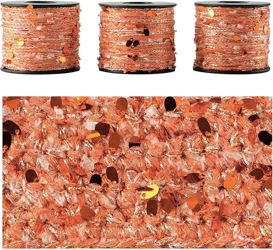 Artisanal Yarn Collection Multifiber Fancy Yarn for Knitting Crocheting Crafts DIY, Set of 3 Rolls (Orange Teardrop Sequins)