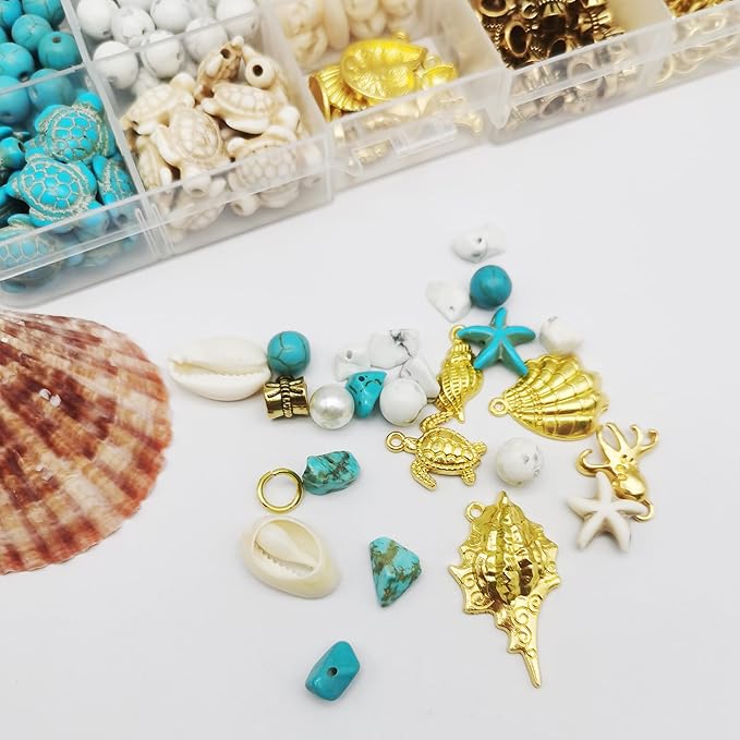 Julie Wang 422PCS Gold Tone Alloy Pendants Seashells Man-made Turquoise Beads Starfish Turtle Ocean Charms for Jewelry Making Summer Beach Bead Necklace Bracelet DIY Accessory