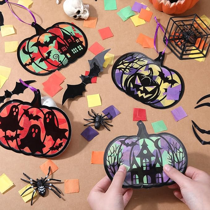 30 Pcs Halloween Suncatchers Paper Craft Set Pumpkin Bat DIY Stained Glass Effect Tissue Paper Kits Gift Bulk for Halloween Classroom Activities Art Party Decor