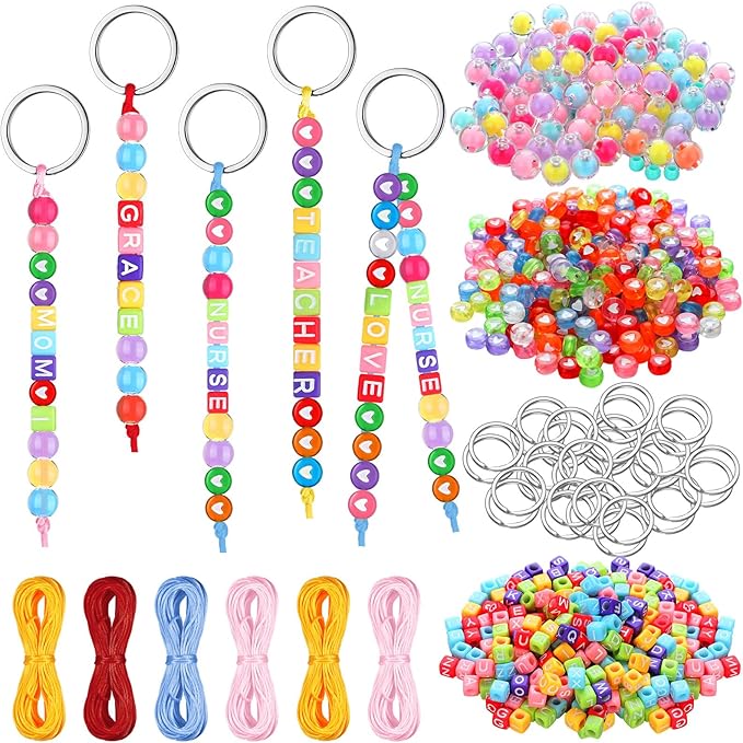 Landical 564 Pcs DIY Bead Keychain Kit Key Chain Making Craft Adjustable Letter Beads String Mama Gift Alphabet Bead Jewelry Key Ring Backpack Accessories for Party Favor(Round,Light Color)