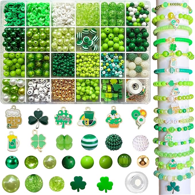 2290Pcs St. Patrick's Day Bracelet Making Kit, 24 Style Green Assorted Beads Shamrock Clover Acrylic Round Bead Charms Bracelet Kit for Jewelry Making Pearl Plastic Heishi Bead for Earrings DIY Craft