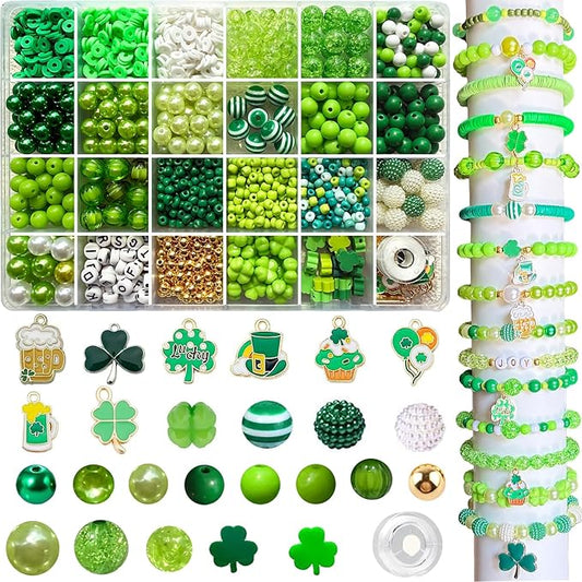 2290Pcs St. Patrick's Day Bracelet Making Kit, 24 Style Green Assorted Beads Shamrock Clover Acrylic Round Bead Charms Bracelet Kit for Jewelry Making Pearl Plastic Heishi Bead for Earrings DIY Craft