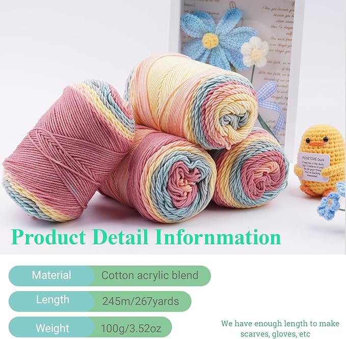 Ombre Cake Yarn for Crocheting 4PCS Gradient Yarn Cake-4x100g 45% Cotton 55% Acrylic Rainbow Cotton Yarn for Knitting,Shawls,Blankets,Scarves,Garments(Candy Color)