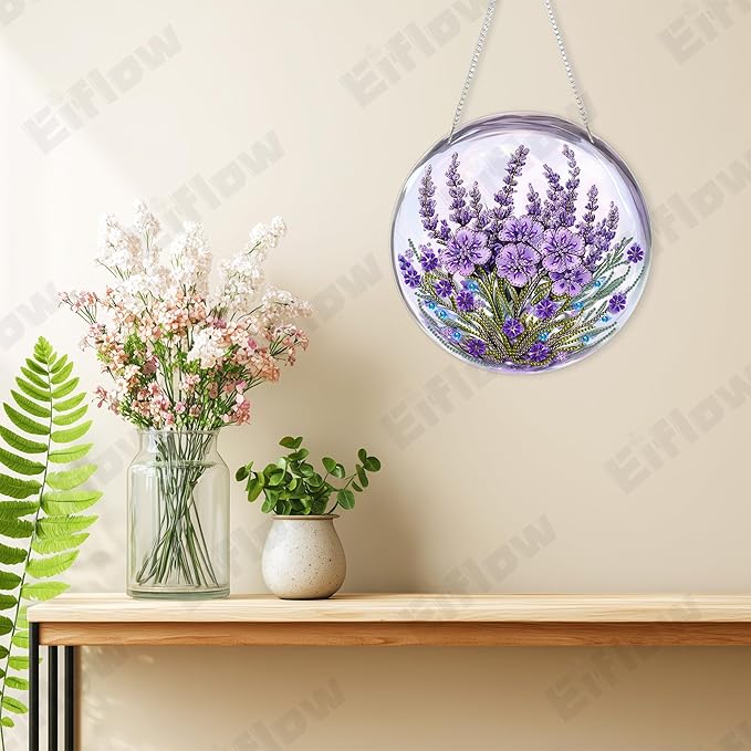 Eiflow DIY Hanging Diamond Art Kit Purple Flower, Acrylic Diamonds Painting Pendant Board Kit, 5D Gem Art Ornament Kit for Adults, Double Sided(9.4x9.4inch)