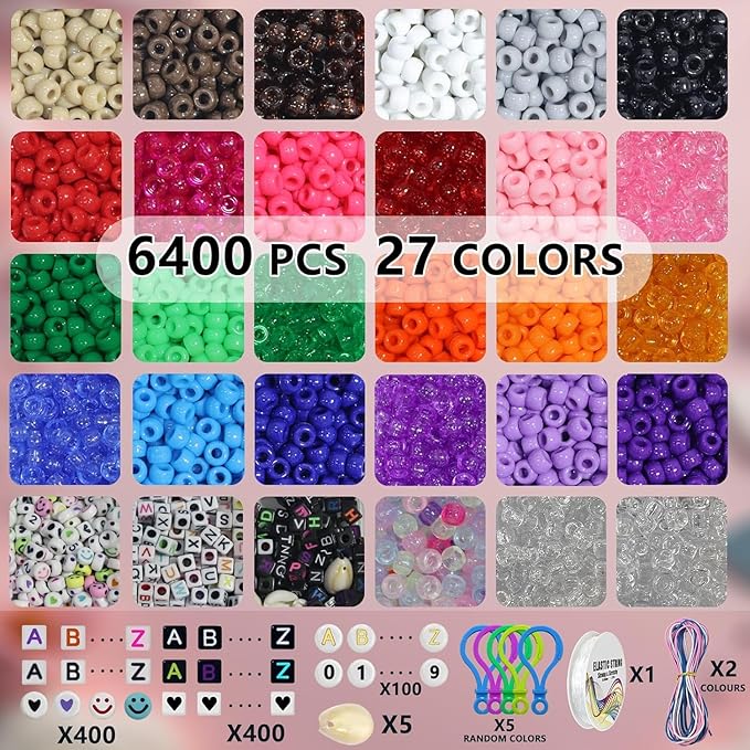 LIS HEGENSA 6300 Pcs DIY Childrens Crafts Beads Friendship Bracelet Kit, Pony Beads Letter Beads and Bracelet Making Kit, Colorful Charms, Used for Custom Necklace Bracelets and Jewelry (6300PCS)