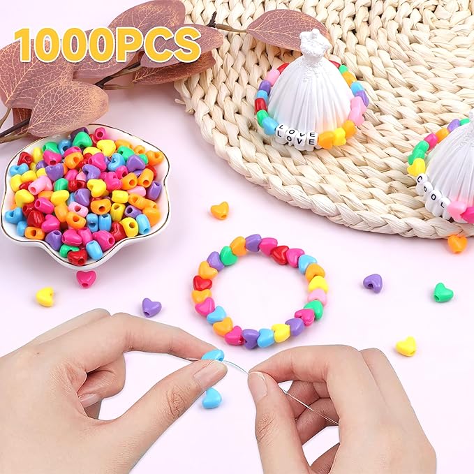 gmma 1000pcs heart pony beads, heart shape spacer beads, rainbow beads bulk, large hole for party decorate, jewelry making, necklace, friendship bracelets, hair beads for valentine's party