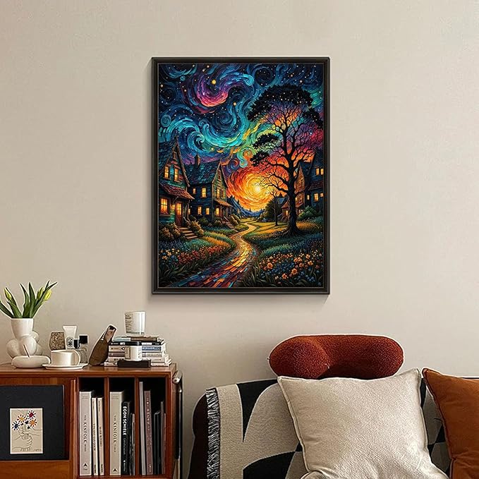 Starry Diamond Art Kits for Adults, Country Night Diamond Painting Kit for Adults Beginners, 5D DIY Landscape Diamond Painting with Round Gem Art Kits for Home Wall Decor 12x16 Inch