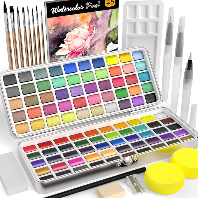 nicpro 100 colors watercolor paint set include metallic macaron & fluorescent, 8 synthetic squirrel painting brushes, 25 water color paper, palette, art supplies kit for artist adult beginner with gift box