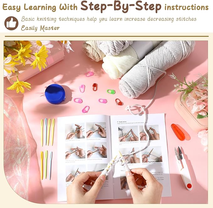 Syhood Knitting Kits for Beginners Adults Hat Knit Kit with Yarn, Bamboo Needles, Faux Pom Practical and Easy to Use Complete Beginners for Women and Men Lovely Present(White, Khaki White, Khaki)