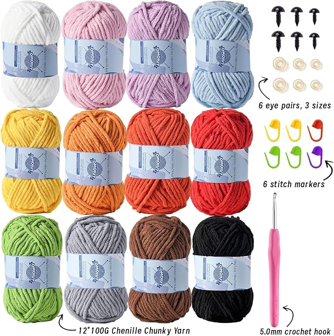 Premier Puzzle 12 Pack Fluff Chenille Chunky Yarn for Crocheting - Baby Crochet Set with Velvet Yarn in Black, White, Purple, Pink, Blue, Coffee, Red, Orange