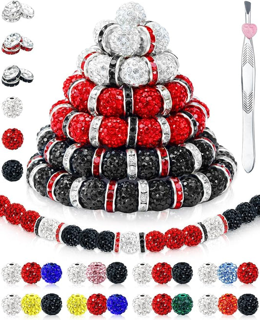 180pcs fiveizero 10mm rhinestone beads for jewelry making – sparkly round crystal clay beads & spacers in baseball team colors for bracelets, necklaces & diy crafts (black, white, red)