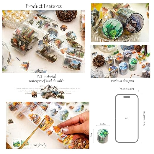Landscape Tape Stickers for Journaling Supplies, 6 Rolls PET Vintage Nature Stickers for Scrapbooking, Journaling, Planner (Landscape)