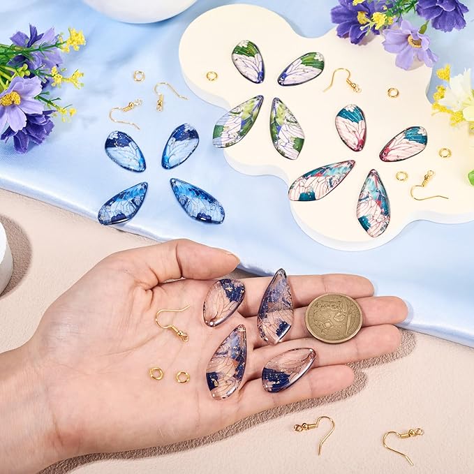 FASHEWELRY 16Pcs Transparent Resin Butterfly Wing Charms for Jewelry Making, Flower Leaf Print Colorful Insects Wing Pendant Earrings Making Kit with Earring Hook Jump Rings