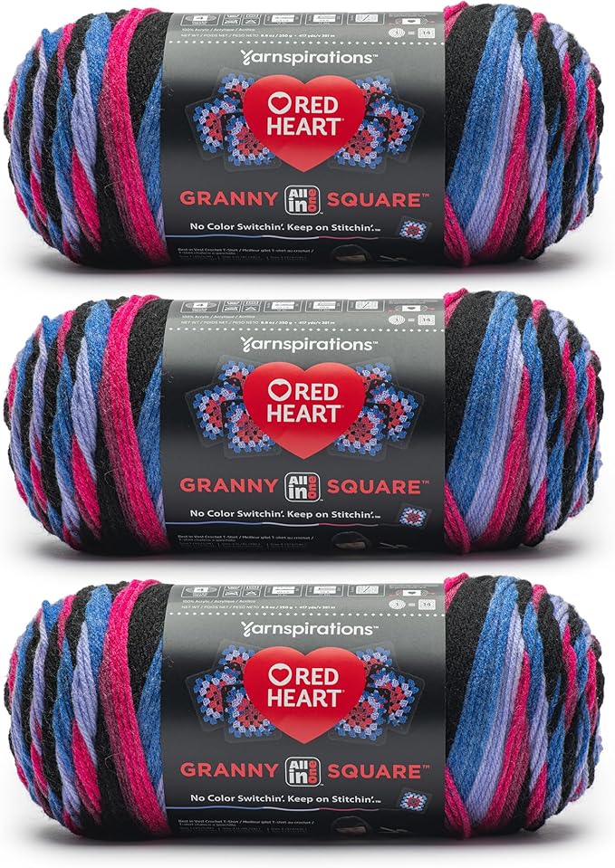 Red Heart All in One Granny Square Black -Hyper Violet Yarn - 3 Pack of 250g/8.8oz - 100% Acrylic - #4 Worsted (Medium) - 381m/417Yards - for Knitting, Crochet and Amigurumi