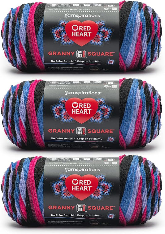Red Heart All in One Granny Square Black -Hyper Violet Yarn - 3 Pack of 250g/8.8oz - 100% Acrylic - #4 Worsted (Medium) - 381m/417Yards - for Knitting, Crochet and Amigurumi